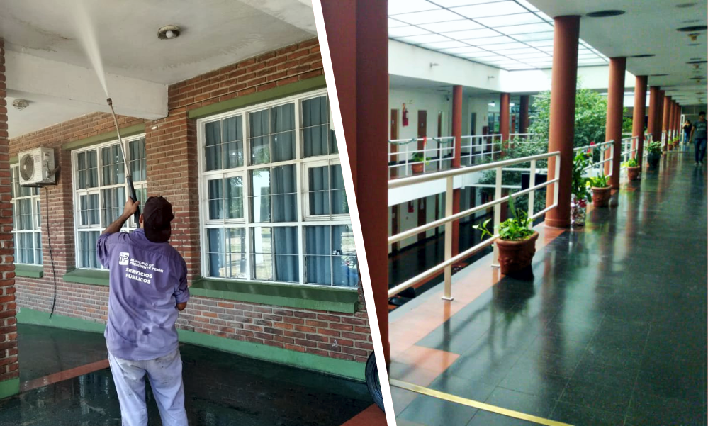 Guernica | Limpian la fachada del Palacio Municipal de Presidente Perón